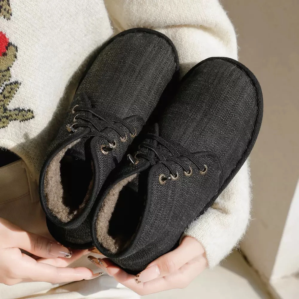 by 新款冬季加绒小羊羔内里保暖棉鞋女 亚麻羊毛混纺松紧千层布鞋