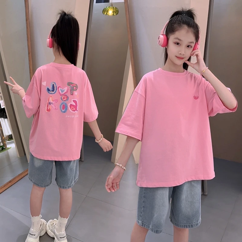 女童短袖t恤夏季2025新款女孩大童洋气时髦牛仔中裤夏装五分裤潮