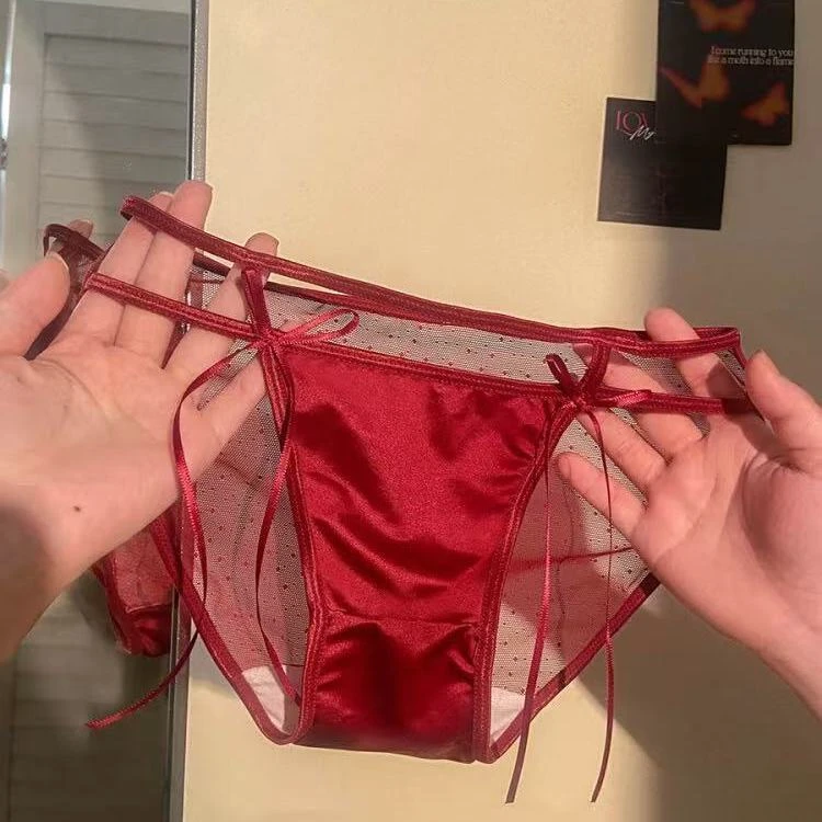 法式纯欲性感高档女士缎面内裤蝴蝶结镂空本命年酒红色三角裤新款