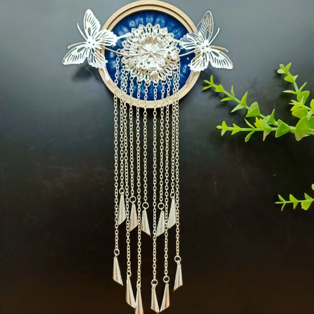 贵州苗族特色扎染布双蝴蝶长流苏款创意冰箱贴旅游纪念品