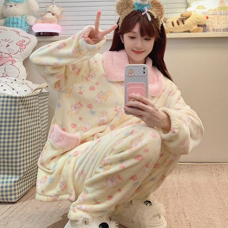 珊瑚绒睡衣女春秋冬季加厚加绒长袖长裤爆款可爱法兰绒家居服套装