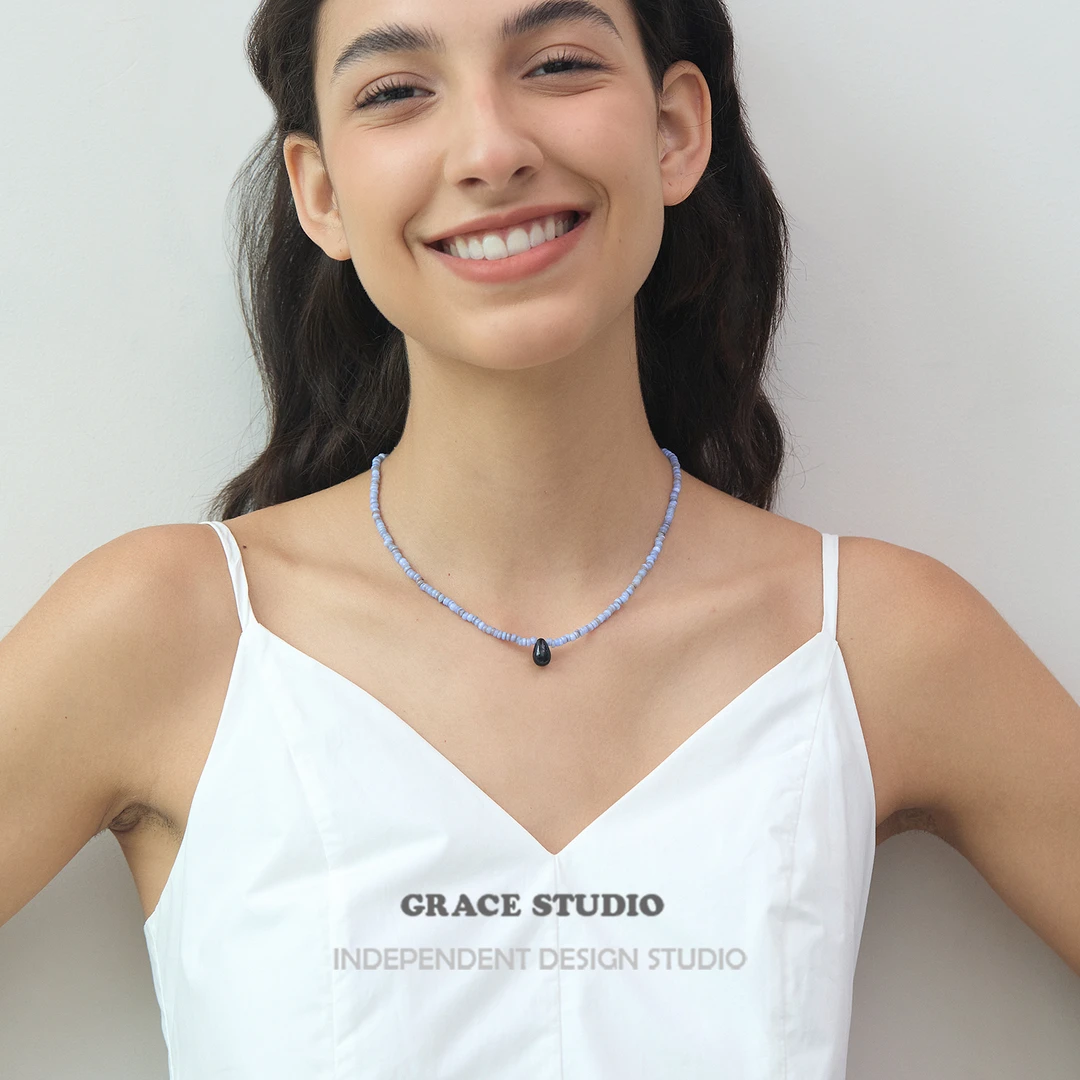 铜合金树脂项链 春夏艺术感天蓝串珠水滴项链度假风文艺可爱颈链