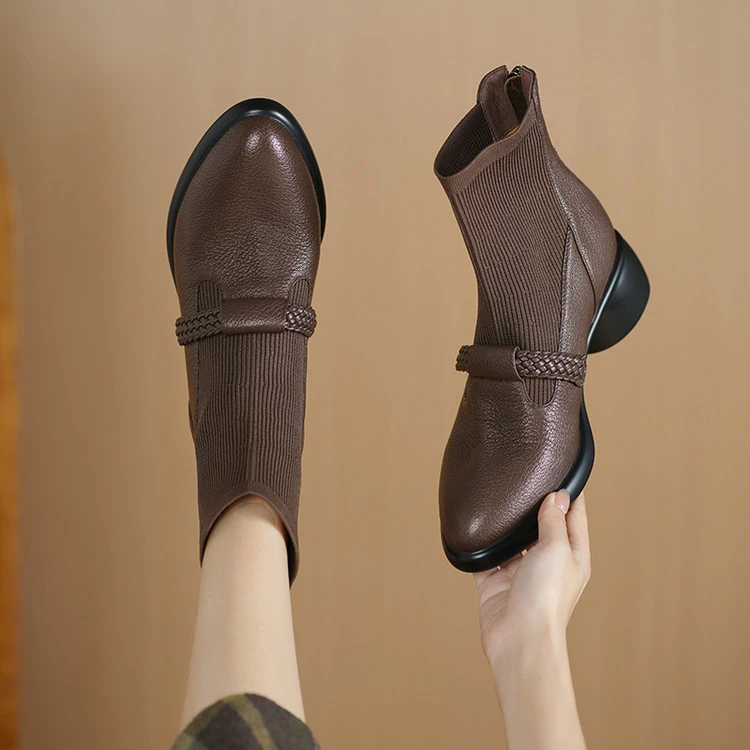 5CM柔软小羊皮，后拉链圆头粗跟袜靴弹力靴英伦风英伦风圆头袜套靴