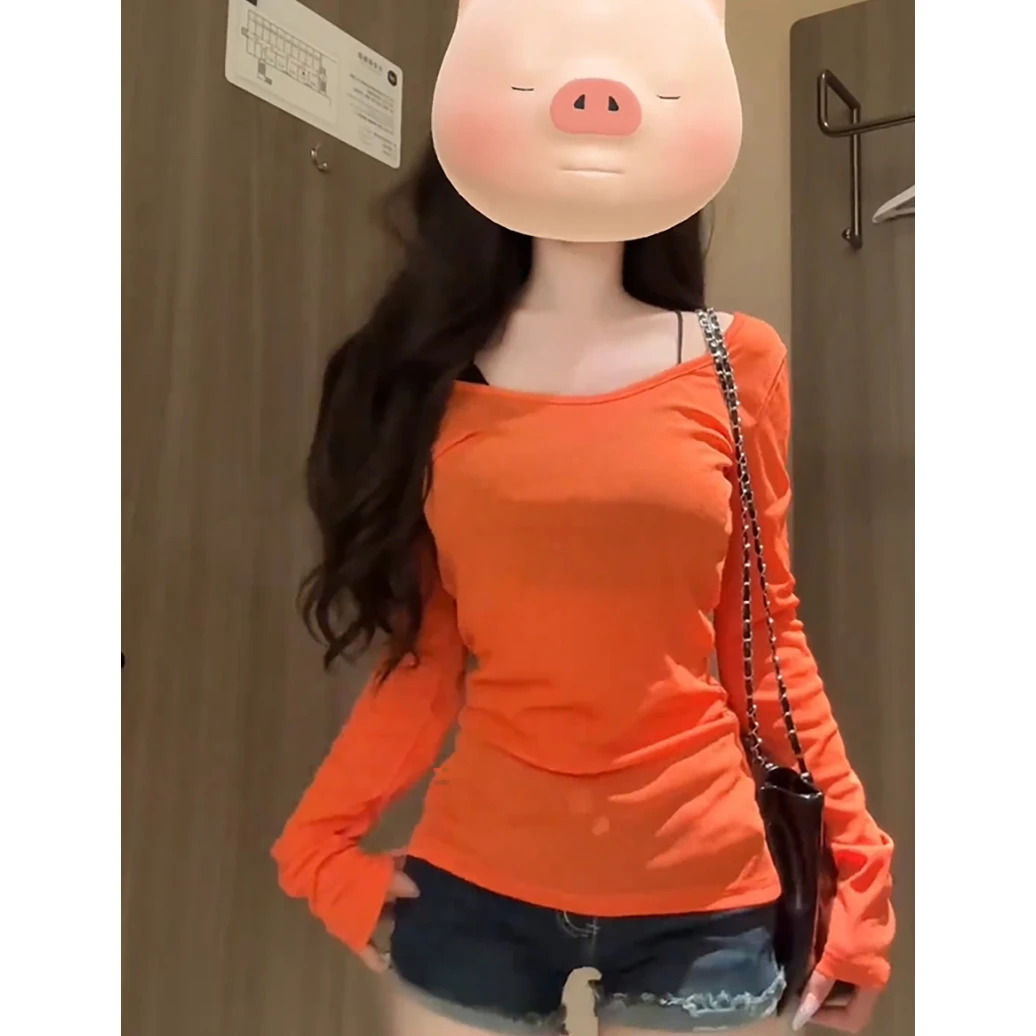 YIDENG2025年春季活力橘色慵懒宽领休闲显白长袖百搭小众女上衣