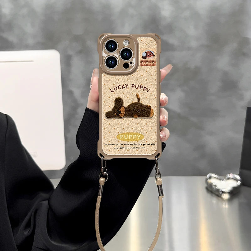 波点小狗适用苹果15手机壳iPhone16四角挂绳皮纹14Pro保护套
