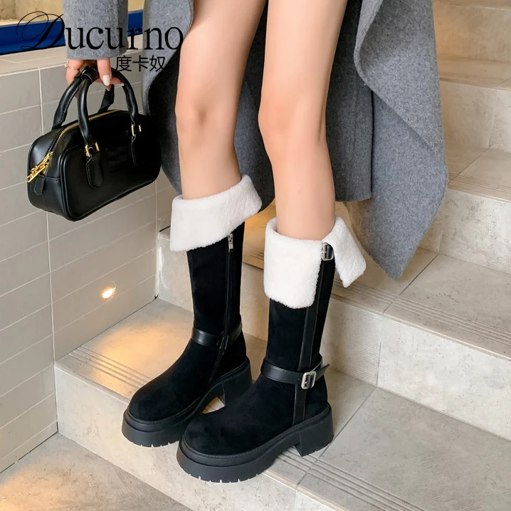 DUCURNO小个子增高显腿长厚底瘦瘦靴女真皮加绒西部靴翻领长筒靴