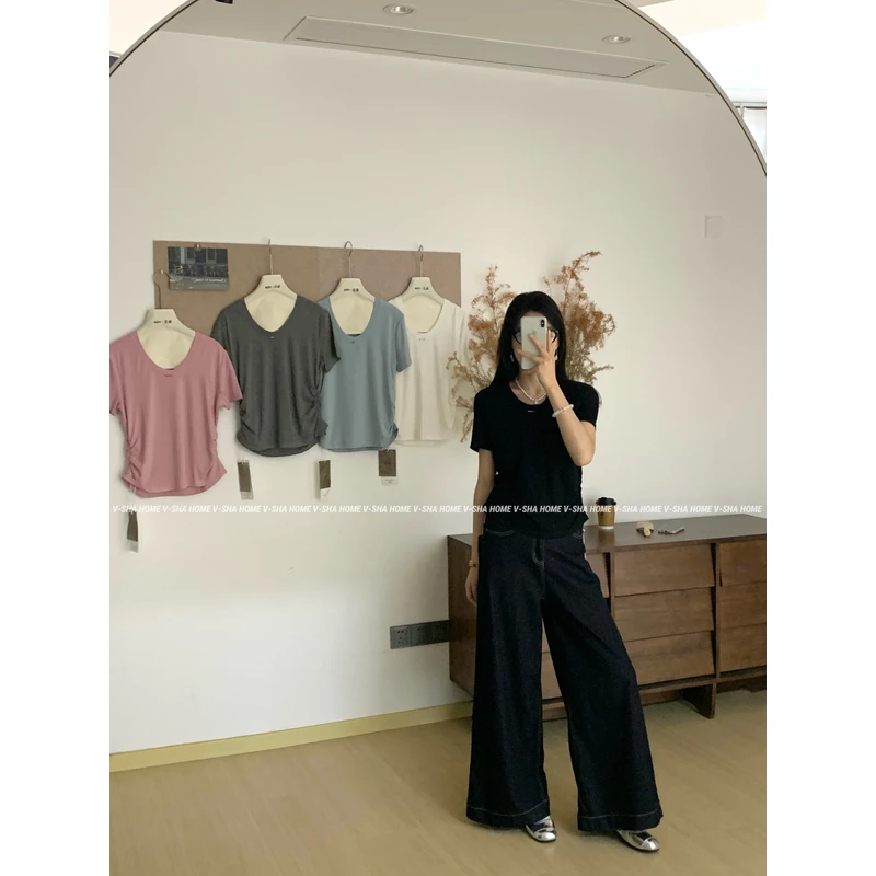 薇莎5226【现货】U领小铁标捏皱U领短袖T恤