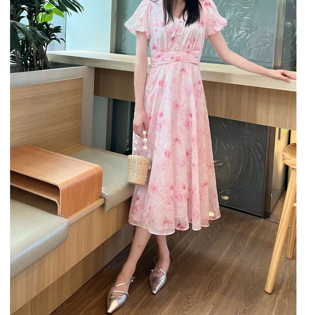 MAXRIENY2025年夏季新款法式高腰V领连衣裙显瘦晕染花中长裙甜美