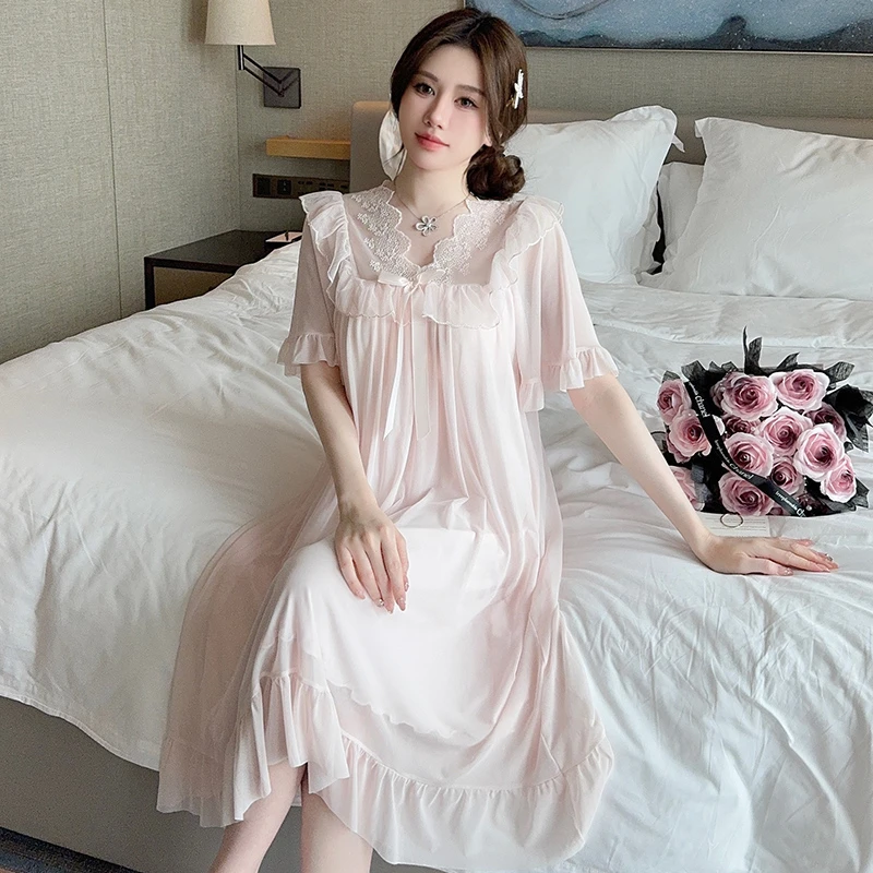【小美慧】夏季粉色V领蕾丝网纱短袖中长款胸垫睡裙可外穿家居服女