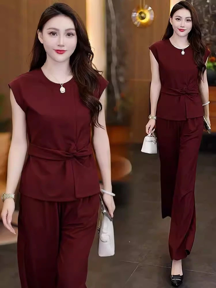 时尚休闲套装女夏季新款洋气质显瘦圆领无袖小衫高腰阔腿裤两件套