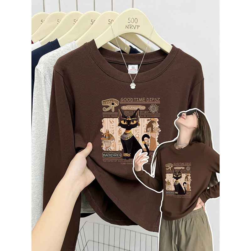 品质秋冬显白修身上衣高弹力棉长袖t恤女个性潮酷美式大码女装ins