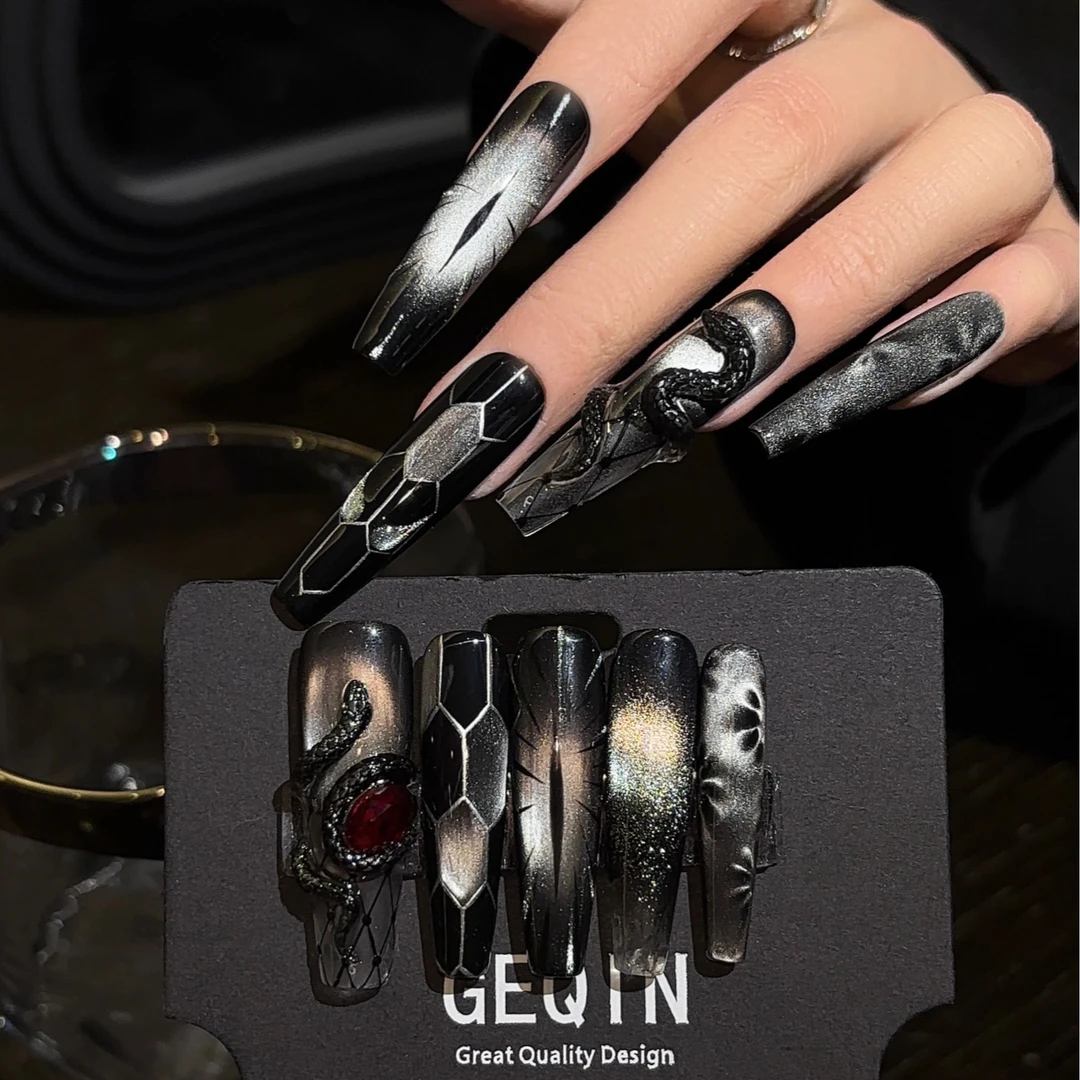 GEQIN【相柳】原创暗黑蛇年美甲猫眼立体蛇东洲钻辣妹个性穿戴甲
