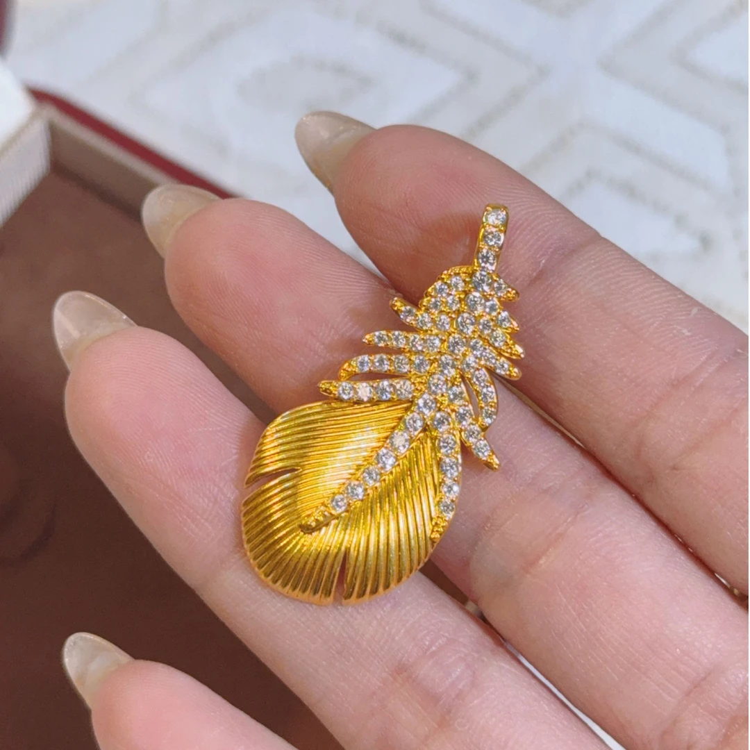 足金999 新款5D黄金羽毛吊坠【黄金羽】手工镶羽毛吊坠精致大气 T