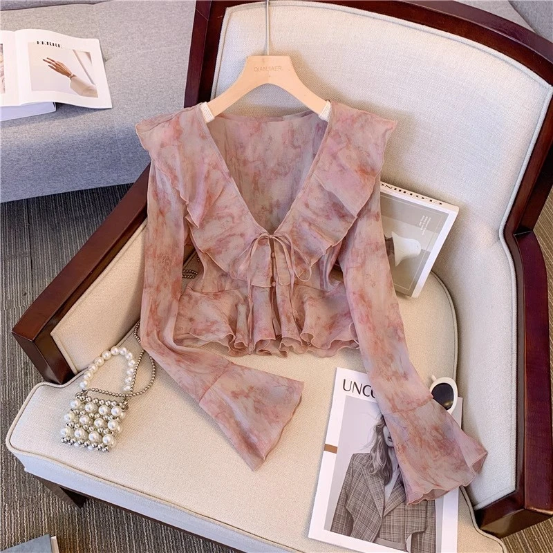 固质法式荷叶边V领晕染雪纺衬衫女夏季款防晒开衫独特喇叭袖上衣