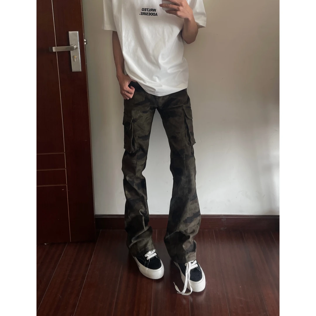春秋伐木裤美式复古迷彩多口袋修身工装裤嘻哈直筒显瘦微喇裤男女