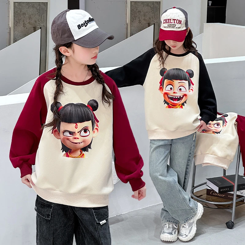 女童春装卫衣2025撞色长袖新款卡通动漫卫衣哪吒时髦衣服女孩衣服