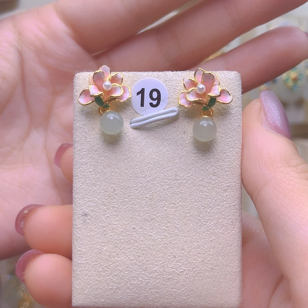 和田玉银S925镀金镶嵌耳饰