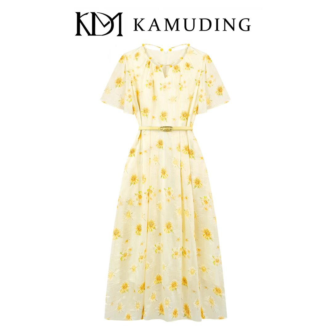 KAMUDING2025夏季新款法式小黄花碎花温柔风收腰显瘦连衣裙8893