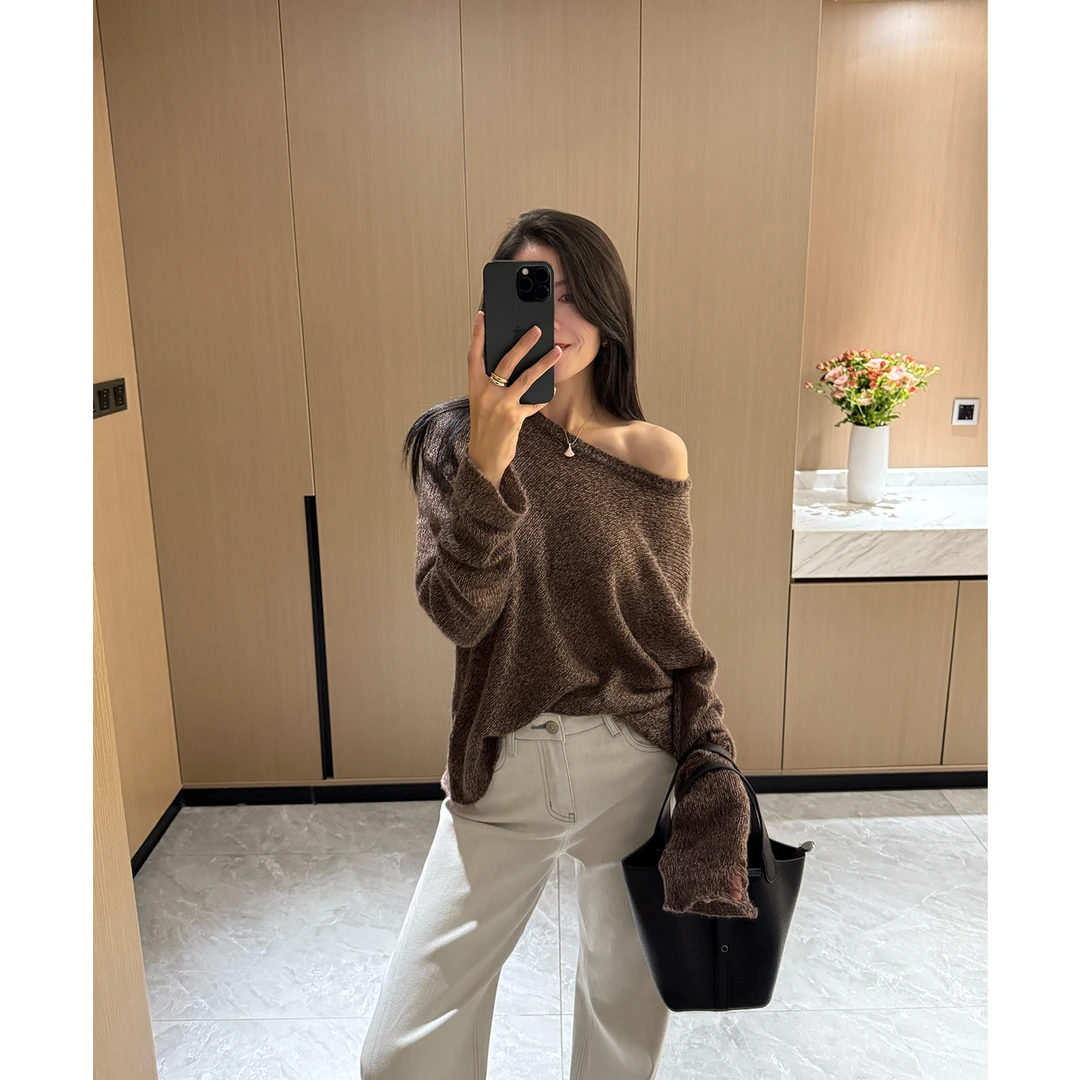 羊毛山羊绒不扎肤老钱风长袖外穿圆领毛衣女宽松百搭内搭针织衫