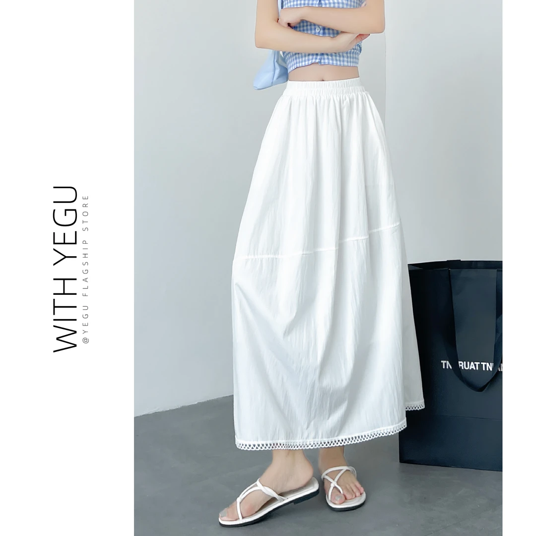 日系白色花边半身裙女夏季薄款层次感拼接a字中长裙小个子大摆裙