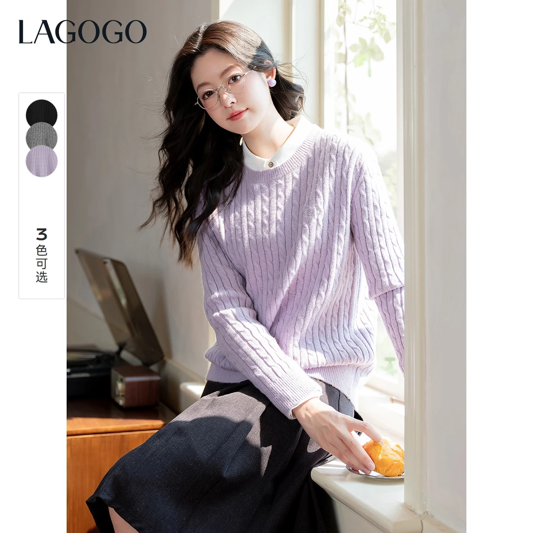 lagogo拉谷谷2025年新款miu系绞花圆领温柔打底针织女OCMM419G75