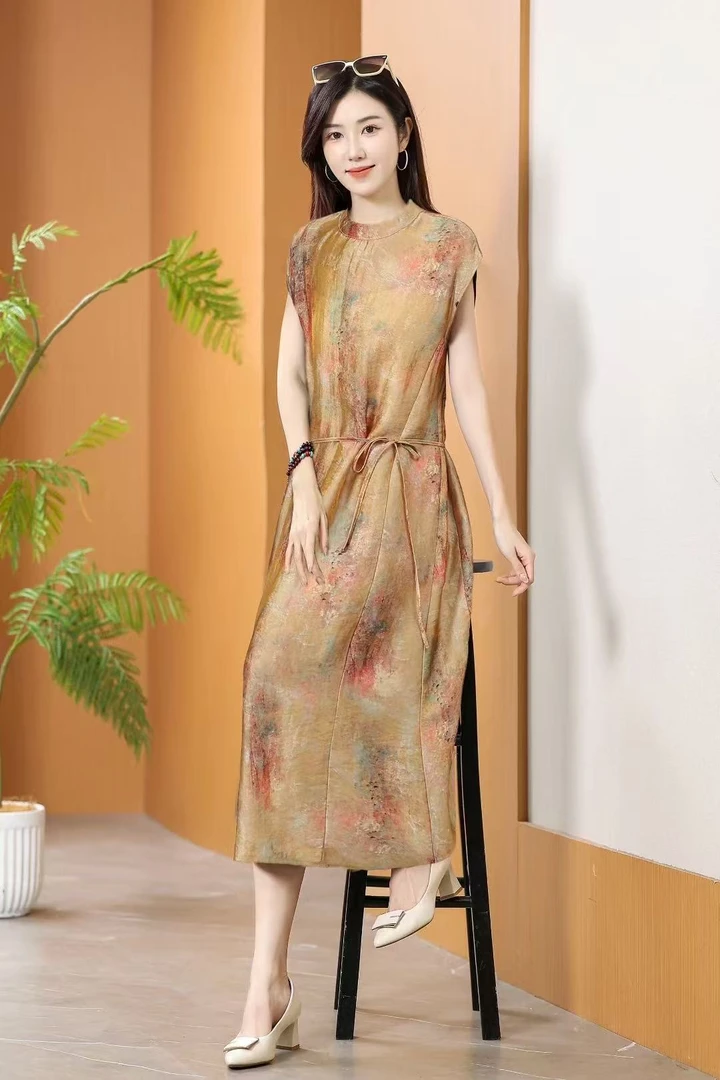 【浮光锦】夏季新款新中式国风遮肉显瘦圆领时尚系带连衣裙