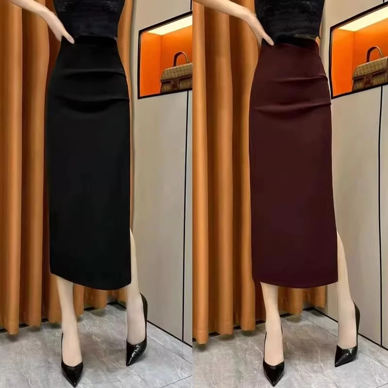 开叉褶皱半身裙女2025年秋季新款高腰显瘦中长款包臀裙高档a字裙