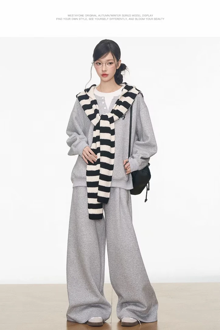 WESTAYON 休闲运动灰色卫衣套装女韩系通勤百搭高级感