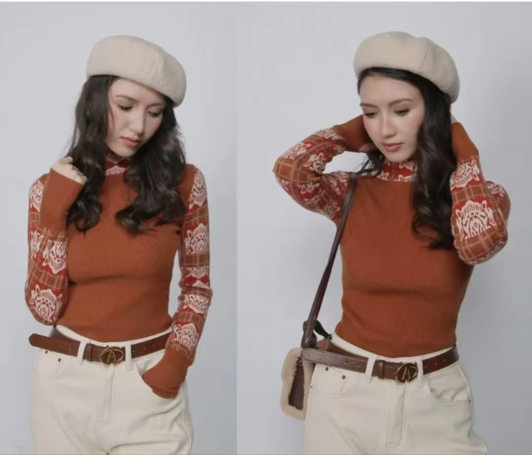 半高领打底衫新款秋冬修身艾特莱斯花纹针织打底衫蕾丝长袖网红