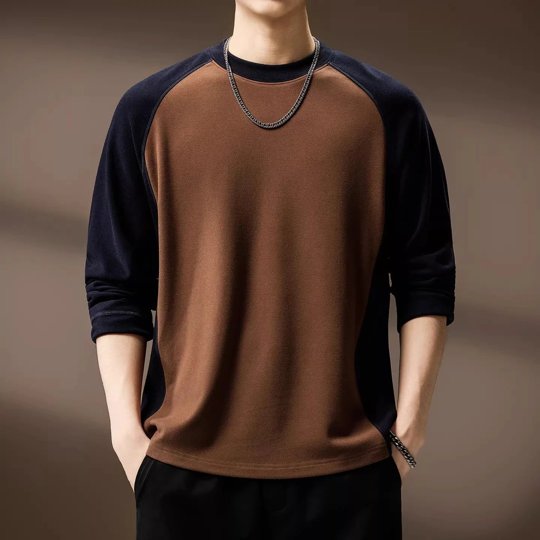 U&PURA高端美式复古水洗插肩撞色T恤秋冬新款长袖卫衣男宽松重磅