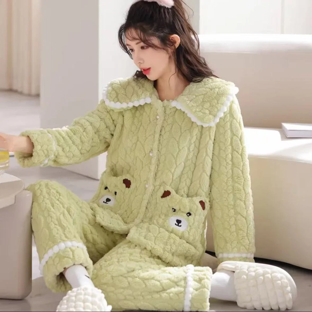 法兰绒娃娃领秋冬季加绒北羔绒保暖家居服情侣家居可外出
