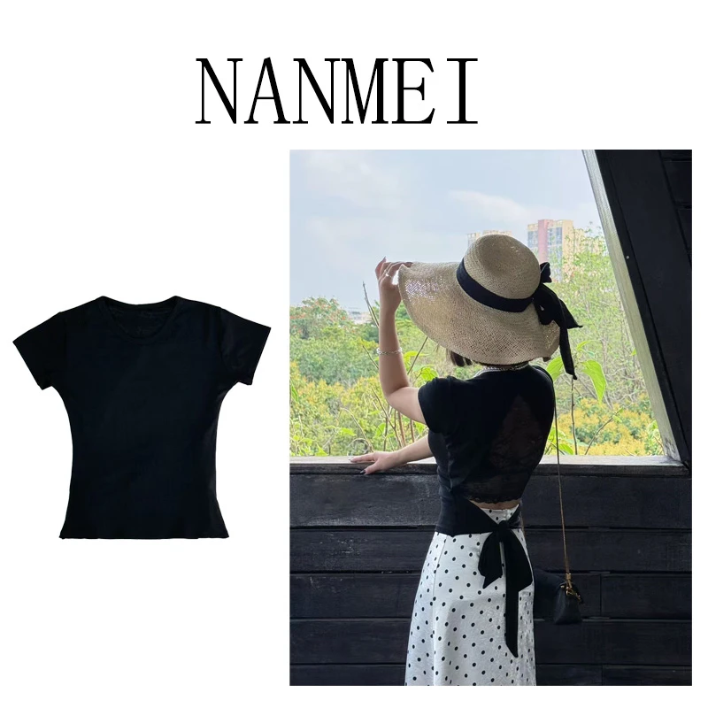 NM【气质辣妹】夏季修身后背蕾丝拼接短袖上衣