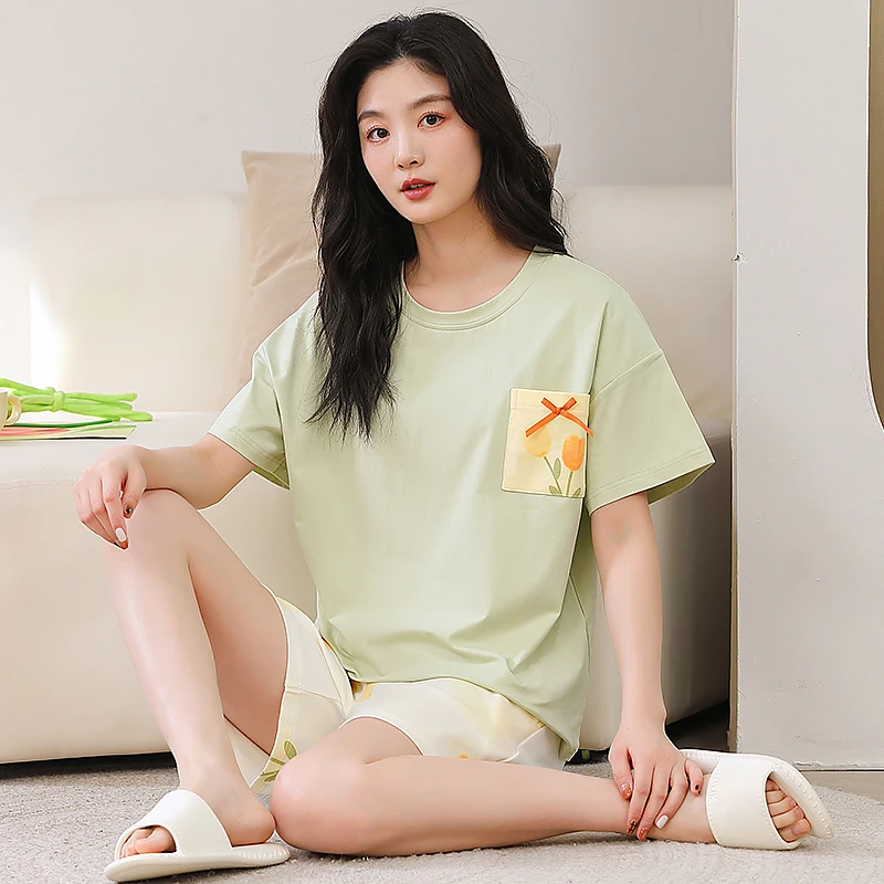 睡衣女士夏季短袖短裤100%纯棉全棉透气家居服女款套装室内外可穿