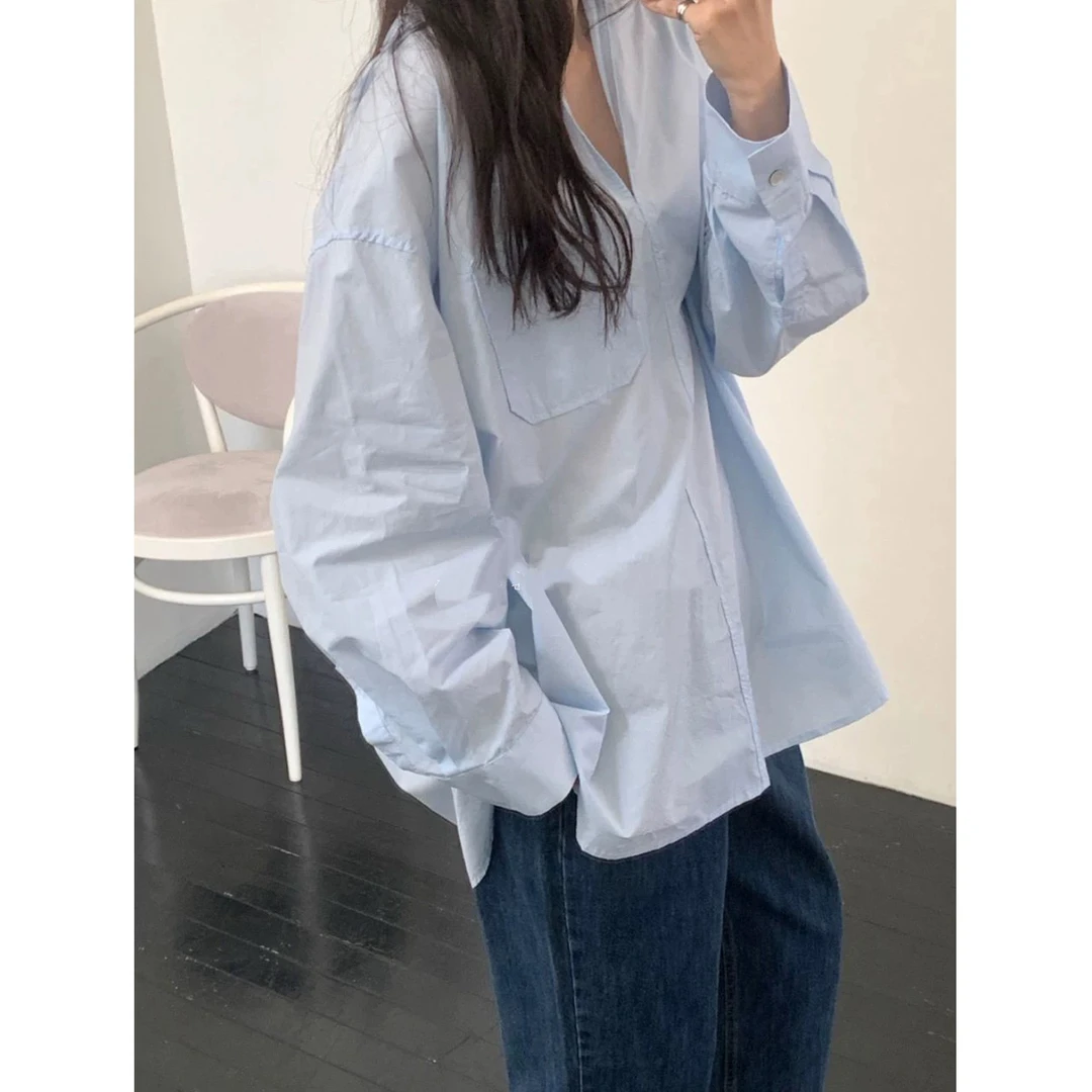 【粉风】东大门.london flat 设计感V领休闲长袖衬衫
