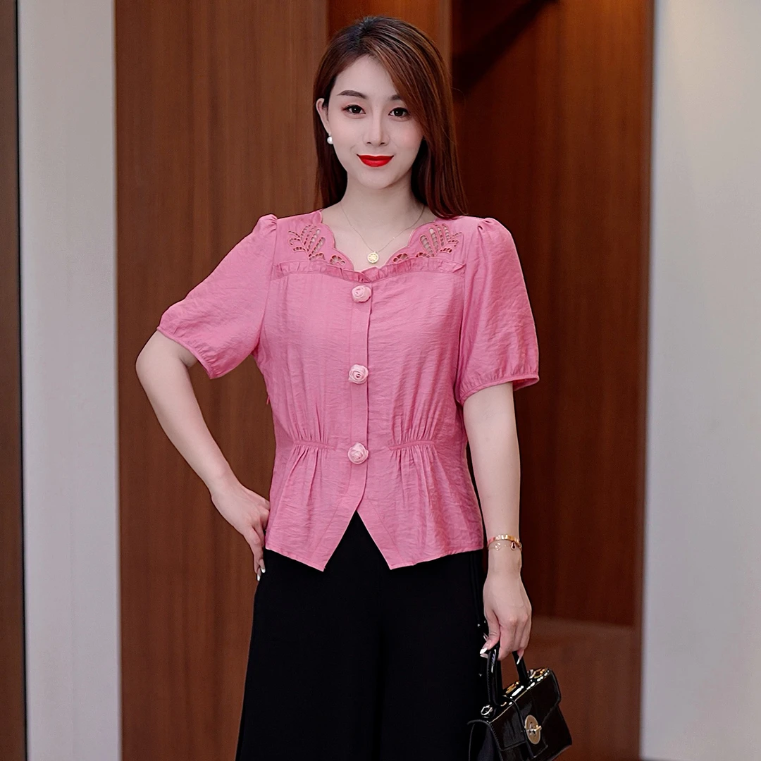 25年夏季显瘦民族风新款短袖新中式收腰打底衫气质洋气镂空上衣