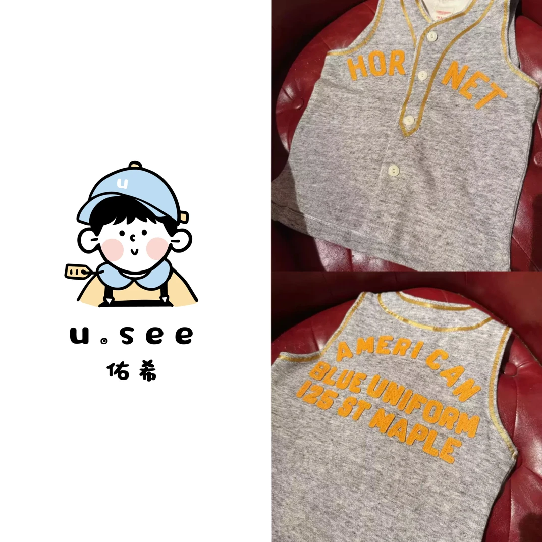 佑希25秋冬季儿童复古刺绣字母花灰色内外穿马甲
