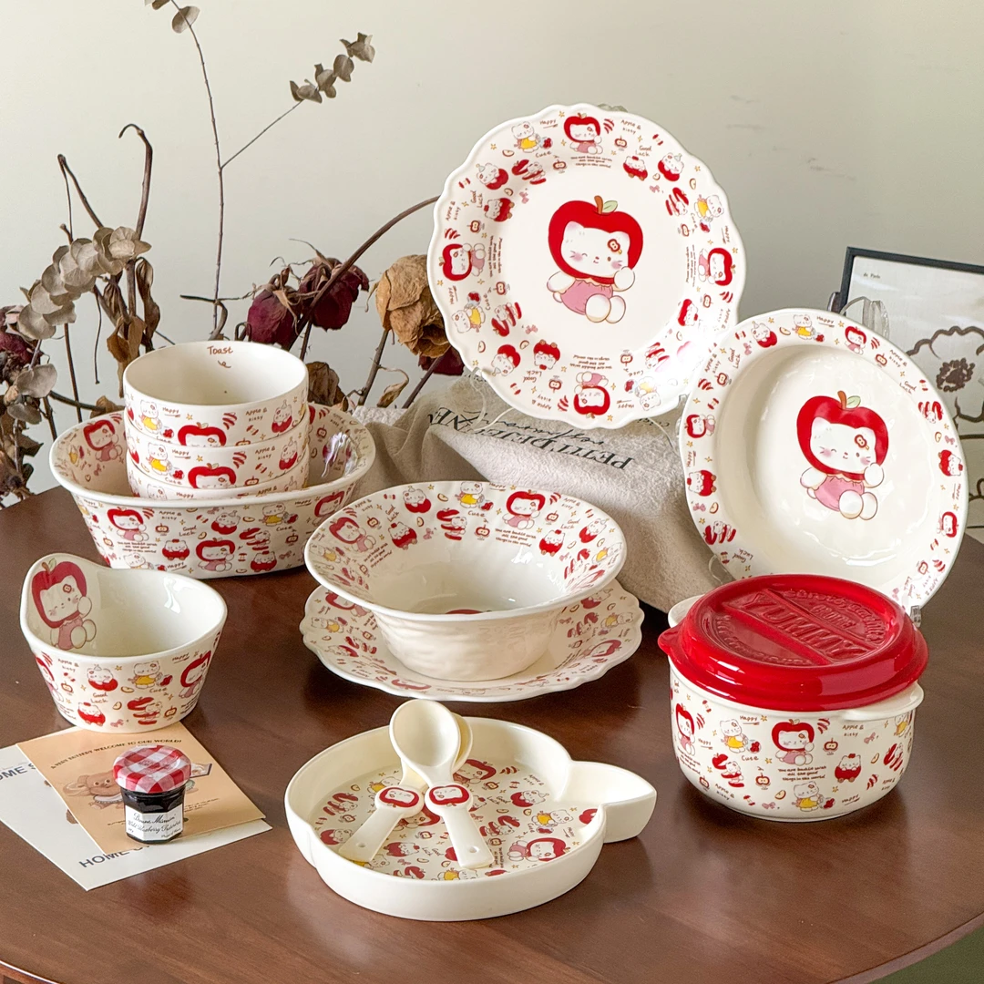 【SH】苹果KT系列沙拉碗勺猫咪小清新25年新款碗瓷碗米饭碗汤碗P