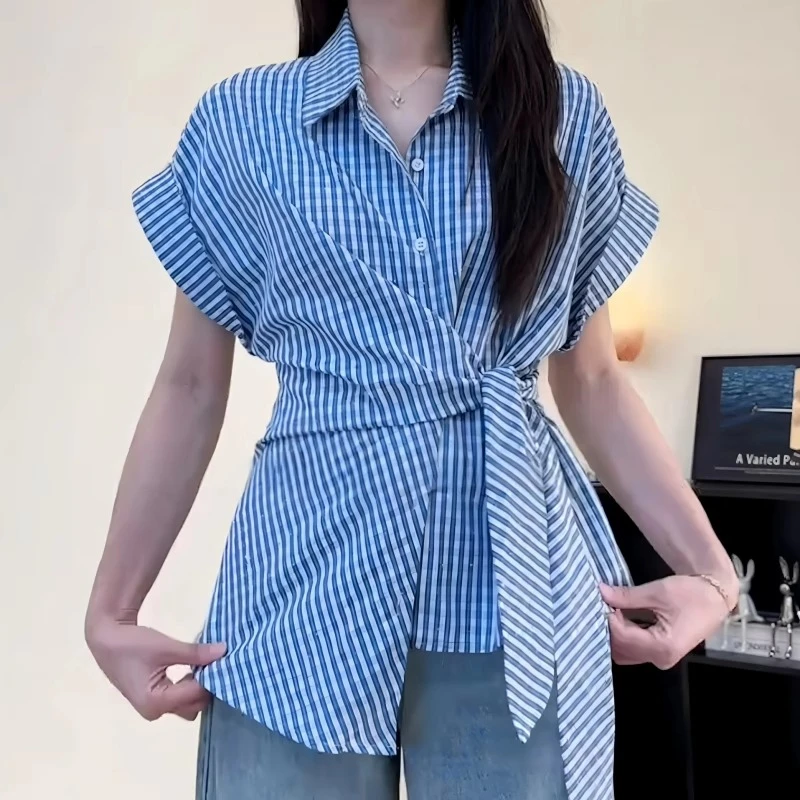 大码胖MM镶钻绑带掐腰蓝色格子短袖衬衫女装夏季新款巨显瘦小上衣