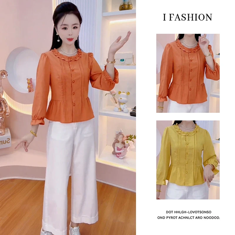法式圆领气质衬衫女2025年早秋新款木耳边花边领遮肚显瘦短款上衣