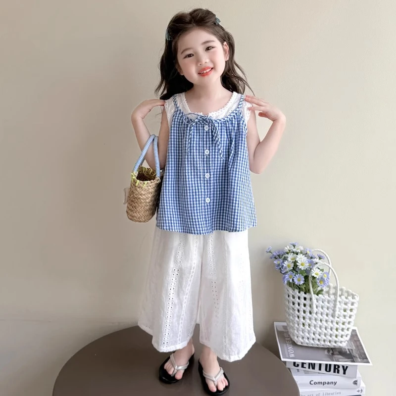 女童夏装气质套装2025新款儿童格纹小女孩夏季薄款娃娃衫韩版潮装