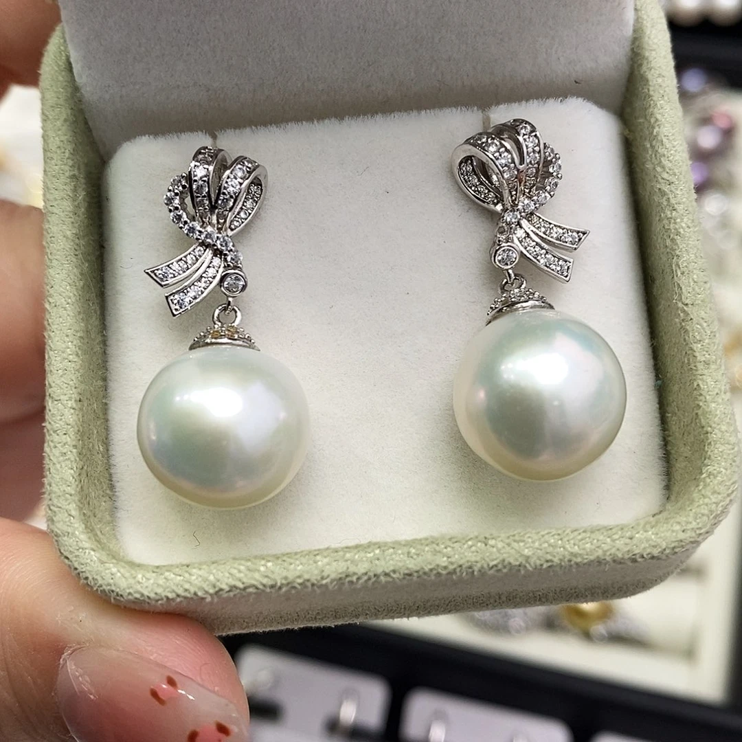 银S925镶嵌耳饰淡水珍珠13-14mm超大点位