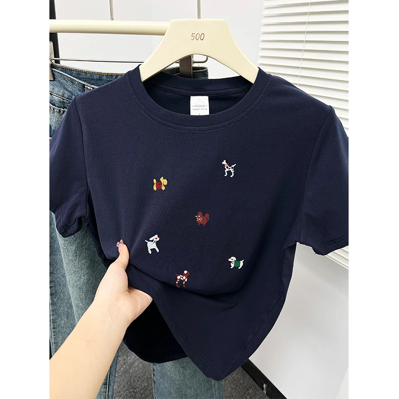 夏季新款正肩短袖t恤大码女装韩系设计感印花显瘦胖mm圆领上衣服