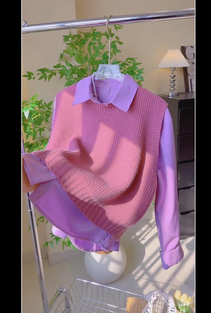 2026小众洋气春季坎肩针织背心马甲搭配长袖衬衫两件套