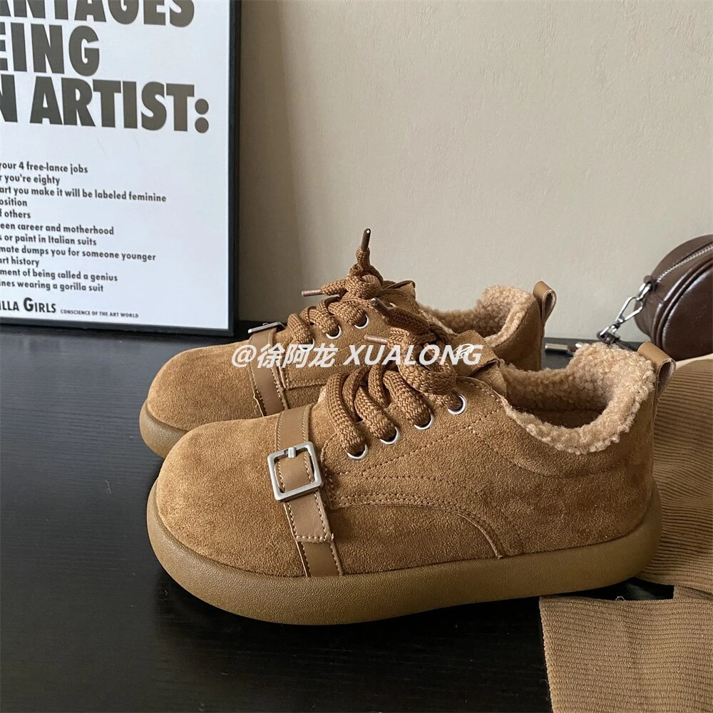 加绒复古厚底面包鞋女2025冬季新款丑萌百搭保暖板鞋休闲大头棉鞋
