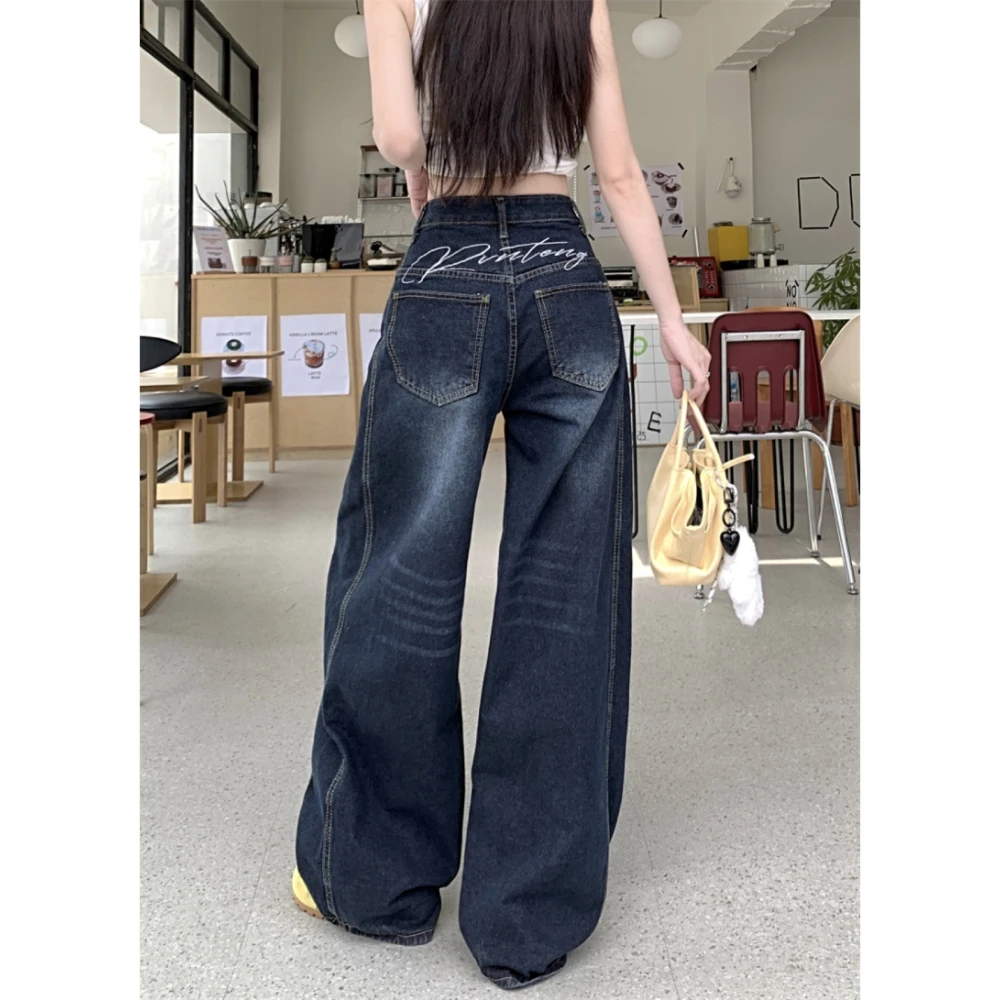 美式复古做旧宽松阔腿裤女2025冬季新款背后刺绣拼接弯刀裤牛仔裤