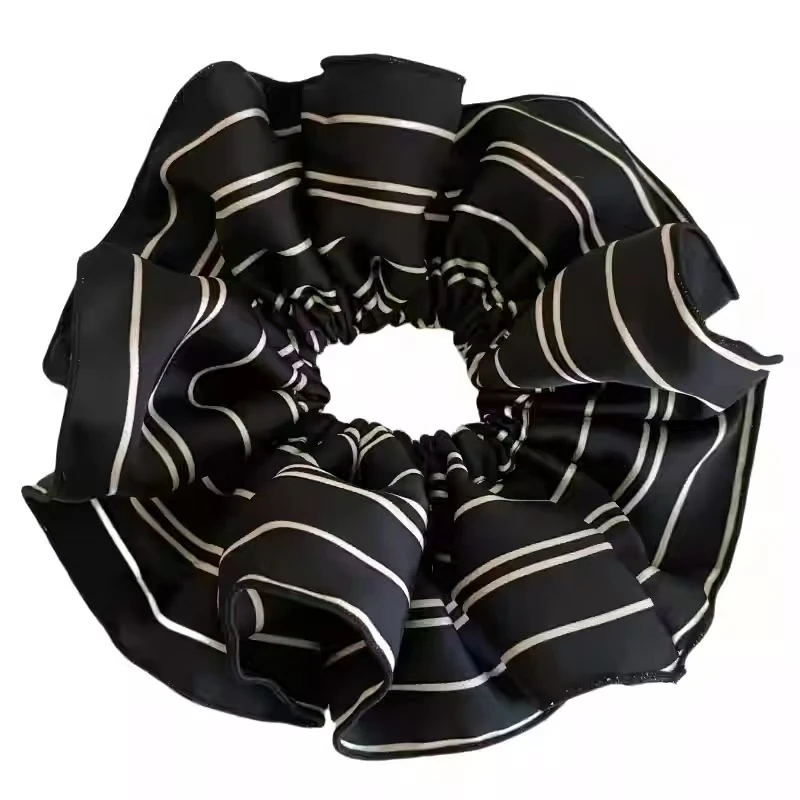 超大版韩国复古高级感简约条纹缎面褶皱花边大肠发圈扎马尾头绳