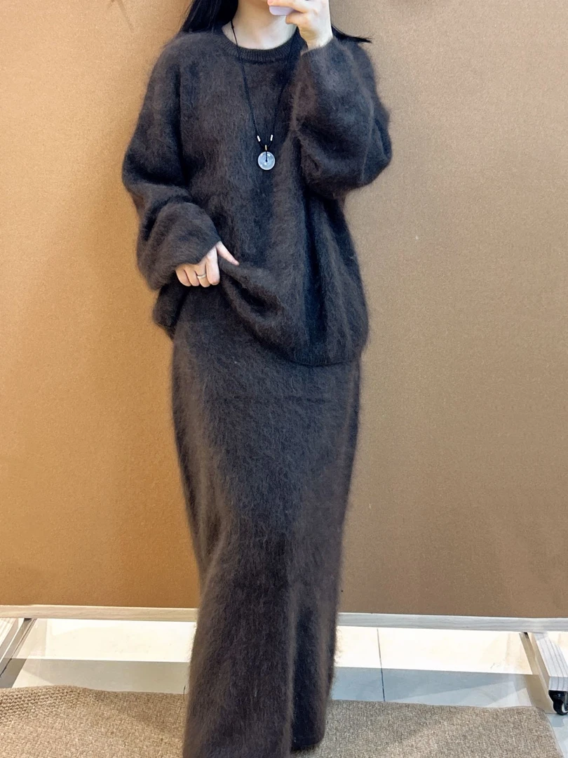 拉毛羊绒衫女2025秋冬加厚羊绒毛衣女宽松水洗拉绒针织圆领上衣