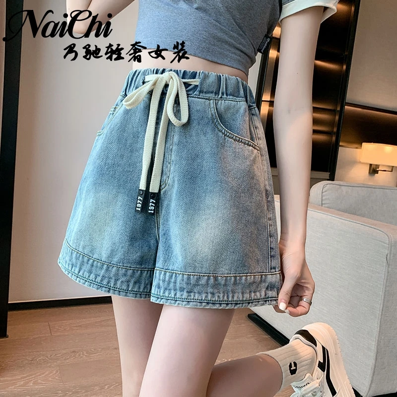 牛仔短裤女新款大码胖mm宽松高腰显瘦复古抽绳松紧腰a字阔腿热裤