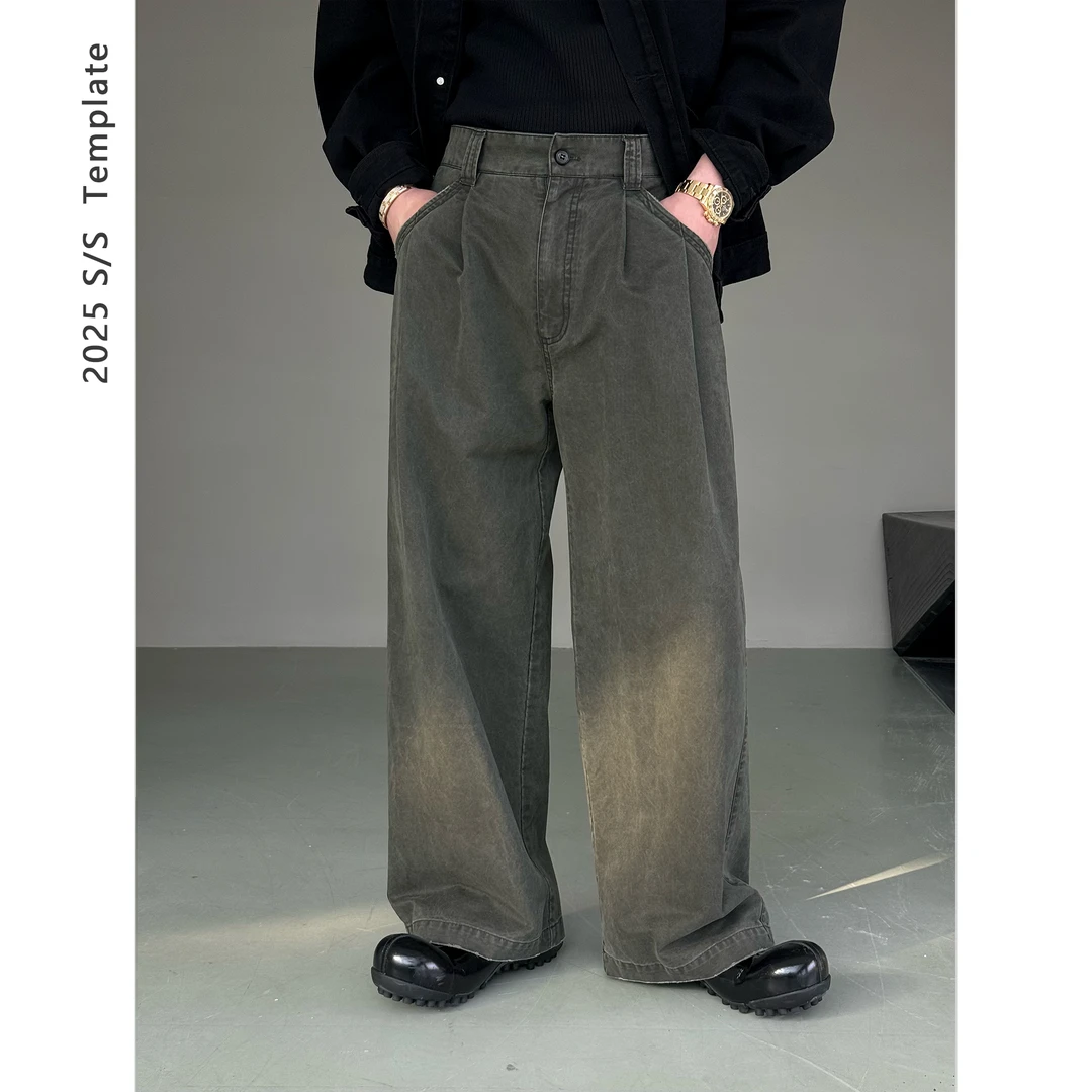 DUPU 25ss 复古水洗磨边活褶阔腿全棉休闲长裤