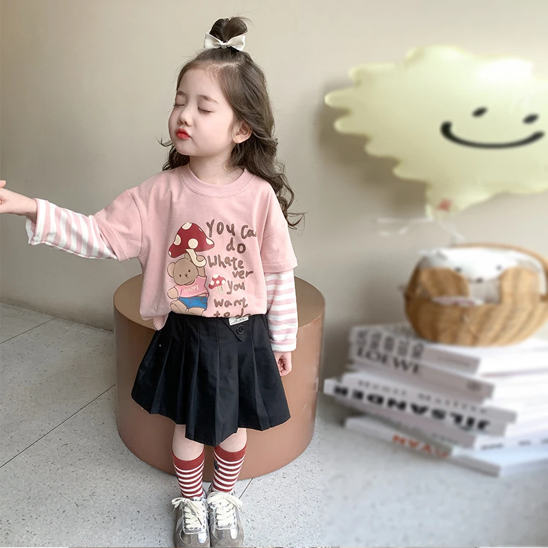 女童卡通假两件条纹长袖T恤衫2025年春季新款儿童宝宝打底衫童装